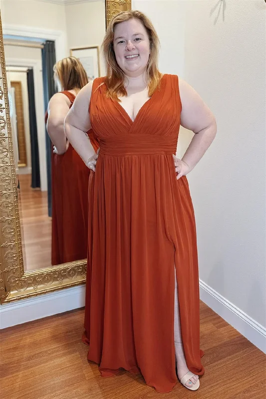Special Price chic slip dressRust Orange Deep V Neck Chiffon Long Bridesmaid Dress with Slit
