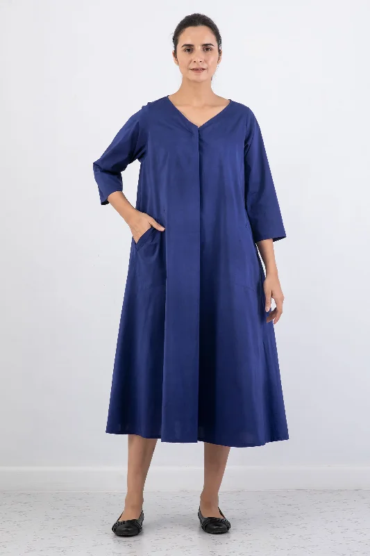 Online Specials DYED COTTON SILK HEAVY VOILE WAVY V-NECK MAXI WITH SLEEVES - dh1441-blu -