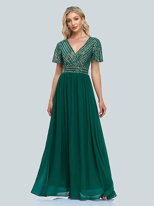 Final Markdown A-Line  Evening Gown Elegant Dress Floor Length Short Sleeve V Neck Sequined