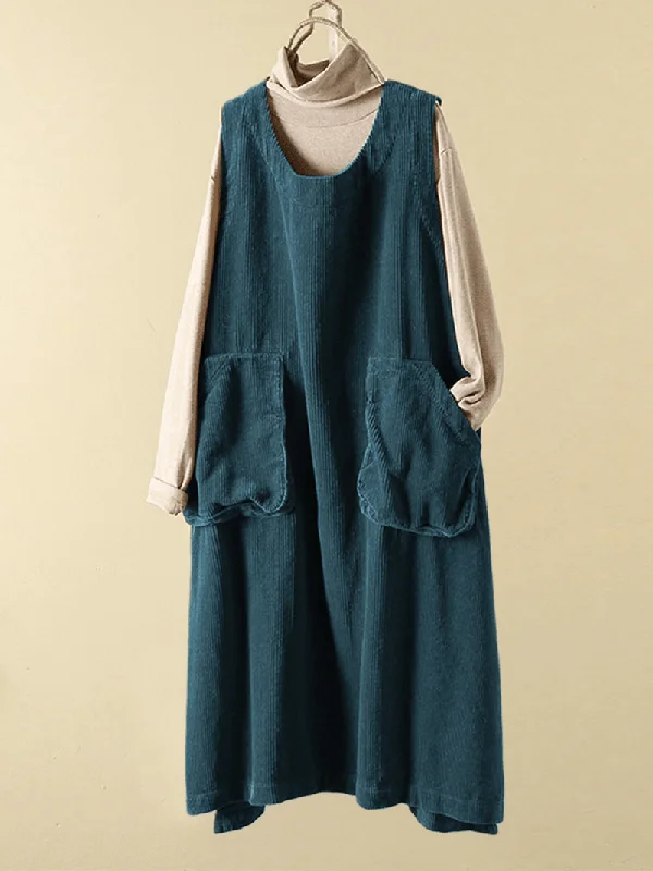 Blowout Sale layered dressWomen Corduroy Loose Pure Color Split Hem Sleeveless Dress