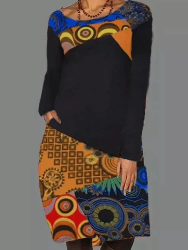 Members Only casual summer dressWomen Ethnic Pattern Patchwork Casual Print round Neck Long Sleeve Dress