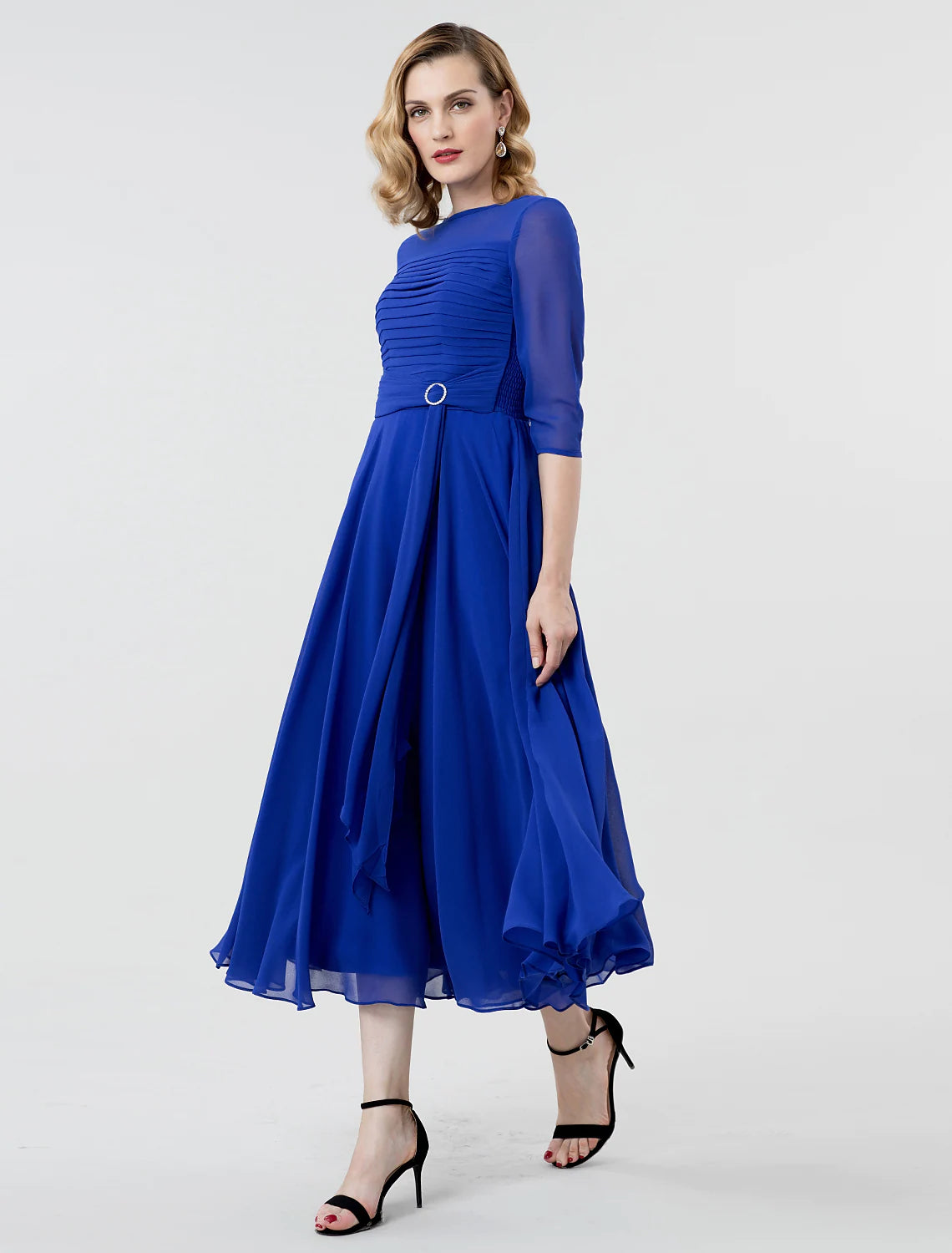 Deal Dash A-Line Elegant Evening Party Dress Boat Neck Length Sleeve Length Ruched Crystal Brooch