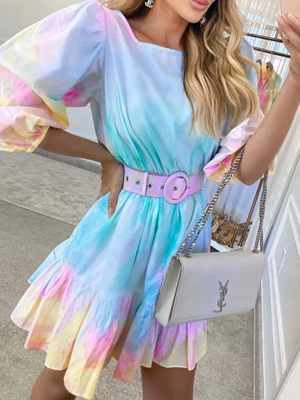 New Deals chic dressTie Dye Dress Fashion Holiday Style Ruffle Waist Slim Printed Pastel Dress New Deals chic dressTie Dye Dress Fashion Holiday Style Ruffle Waist Slim Printed Pastel Dress