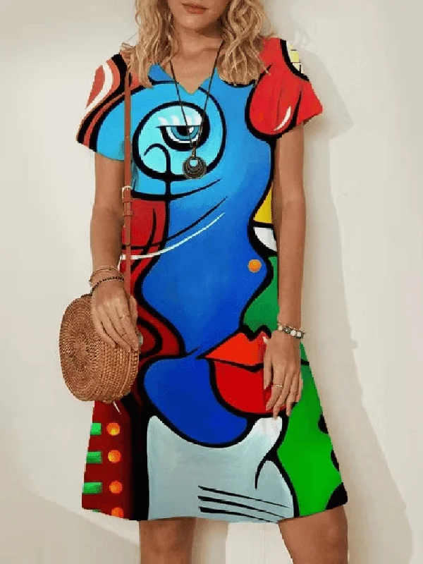 Super Sale trendy bodycon dressWomen Abstract Figure Face Printed V-Neck Short Sleeve Casual Midi Dresses