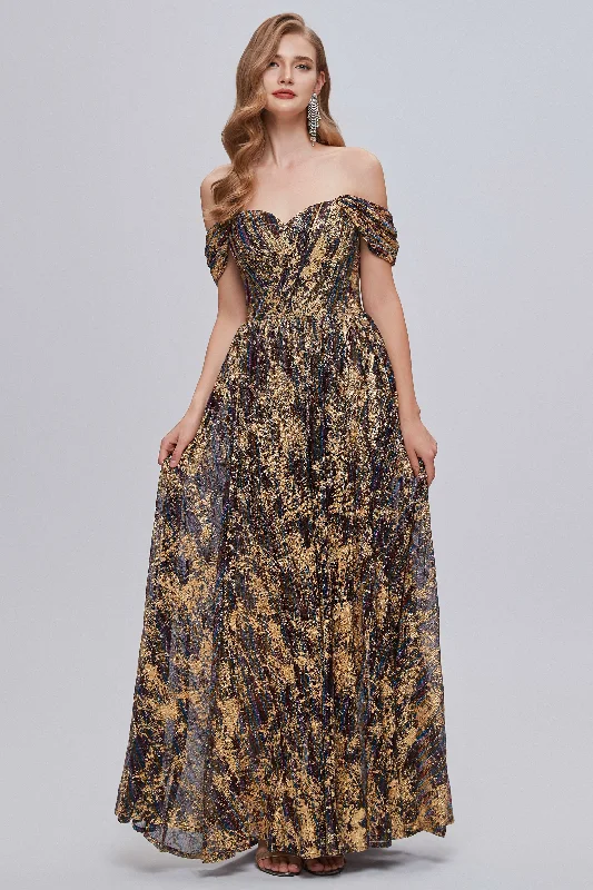 Daily Deals printed dressBlack and Brown Floral Print Off-the-Shoulder A-Line Long Prom Dress