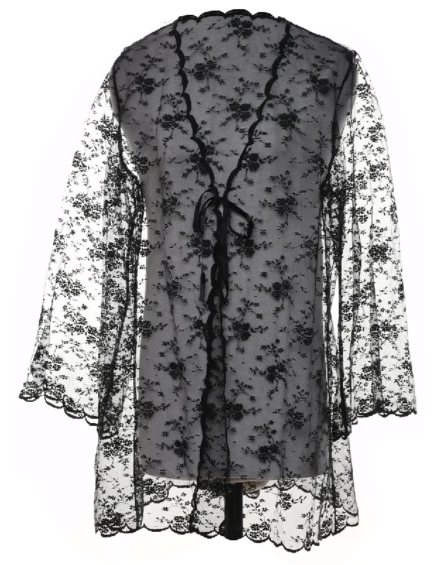 Blowout Sale puffer jacketBlack Sheer Lace Tie Fasten Jacket - L