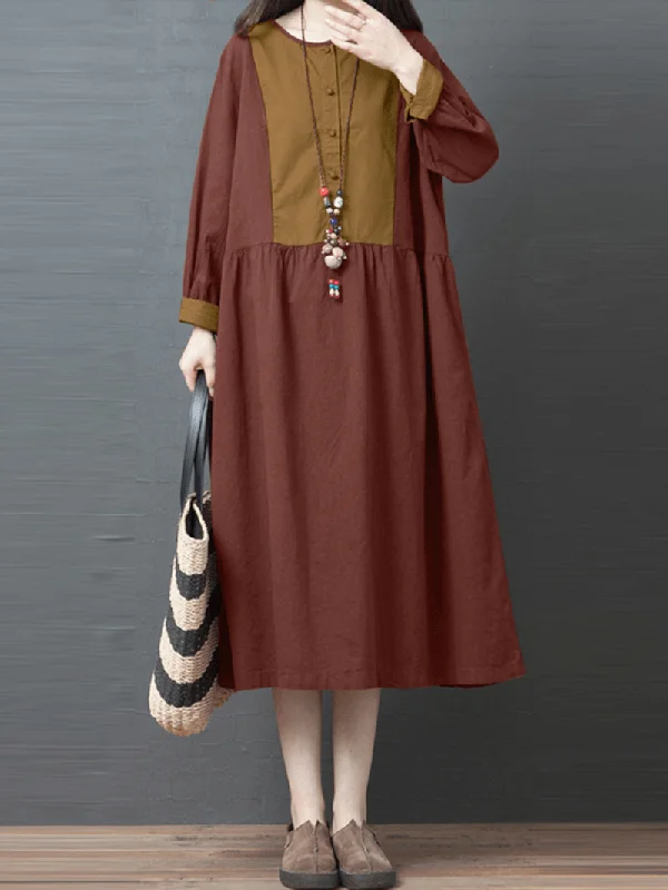 Big Discounts chic wrap dressWomen Contrast Patchwork Button Front Casual Long Sleeve Maxi Shirt Dresses