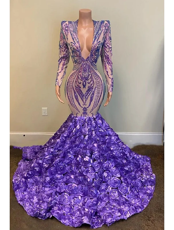 Closeout Sale Evening Gown Floral Dress Formal Chapel Train Long Sleeve V Neck Sequined with